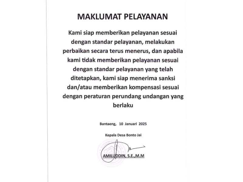 Maklumat Pelayanan Desa Bonto Jai